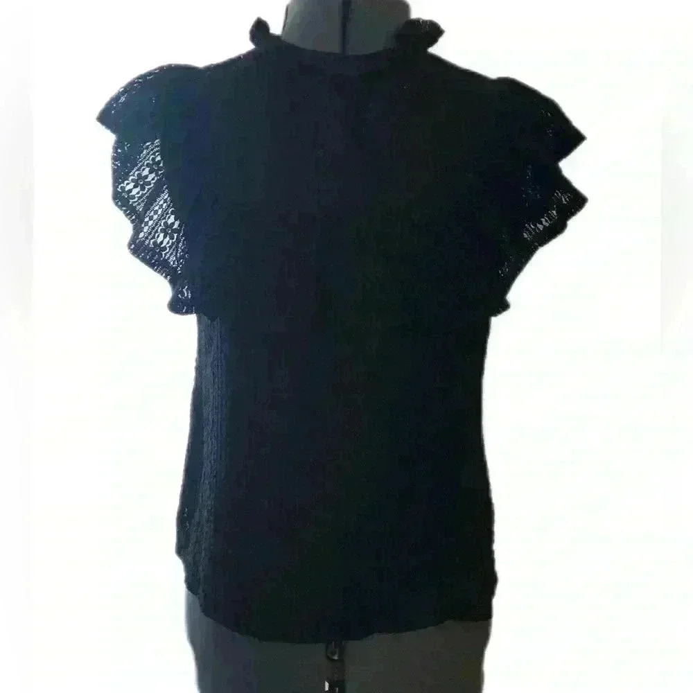 Iris black lace front ruffle key hole blouse top women medium